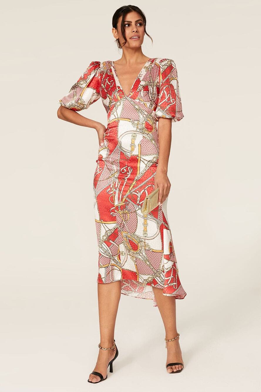 Ronny Kobo Teresa Dress Silk Blend Midi Short Sleeve Red Size S